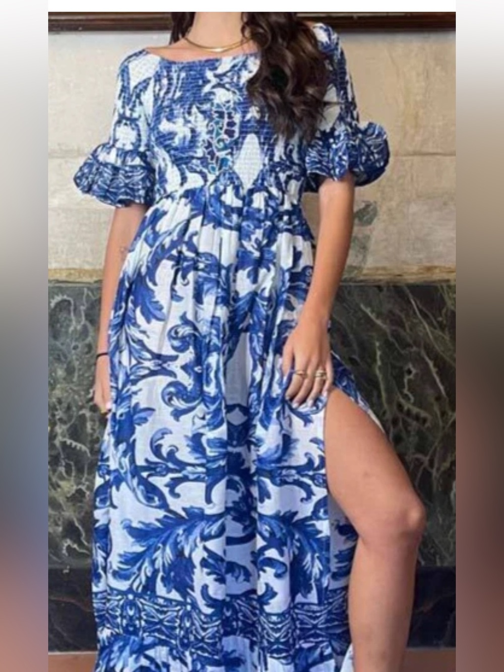 Blue and White Floral Maxi Dress with Smocked Bodice and Slit. Never worn.